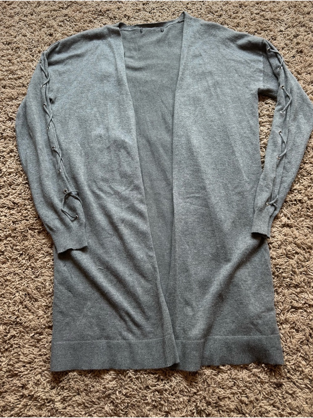 Lightweight Gray Open-Front Women’s Cardigan with Lace-Up Sleeves